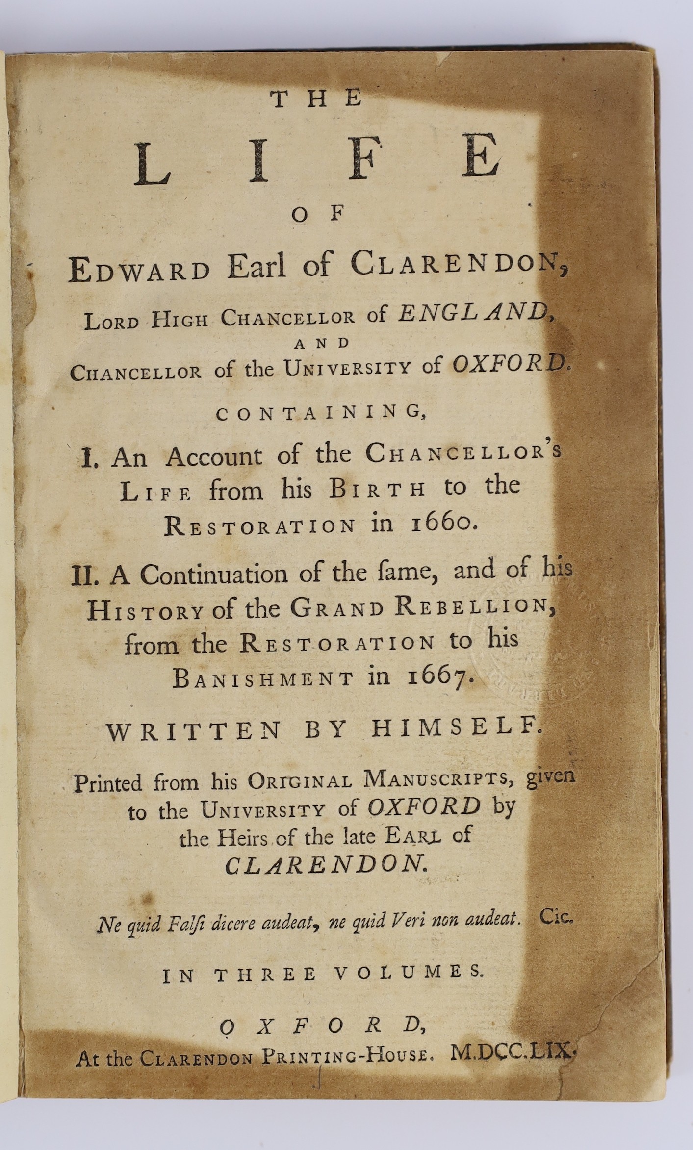 [Allestree, Richard] - The Art if Contentment, 2nd edition, 8vo, original calf, scuffed and worn, with engraved frontis, Oxford, 1775 and Clarendon, Edward Hyde - The Life of Edward Earl of Clarendon…Written by Himself,